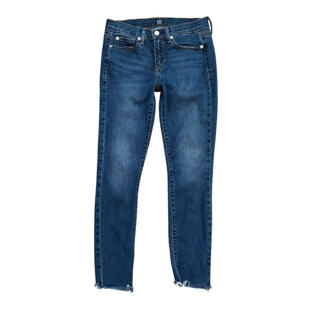 Gap 1969 True Skinny Jeans 27P Petite Blue Raw Hem Mid Rise Stretch Ankle
